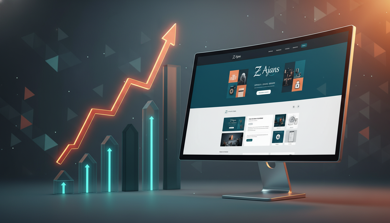 An abstract, professional composition symbolizing digital growth and expert web design. In the foreground, a modern monitor displays a meticulously crafted, elegant website, designed with a focus on user experience and conversion, implicitly representing Z Ajans' quality. Behind it, a three-dimensional, ascending line graph or bar chart with glowing peaks and upward arrows illustrates significant improvements in search engine ranking and online performance. The background features subtle, geometric patterns and gradient light, in a palette of deep teals, professional grays, and energetic oranges, conveying strategy, success, and digital mastery.