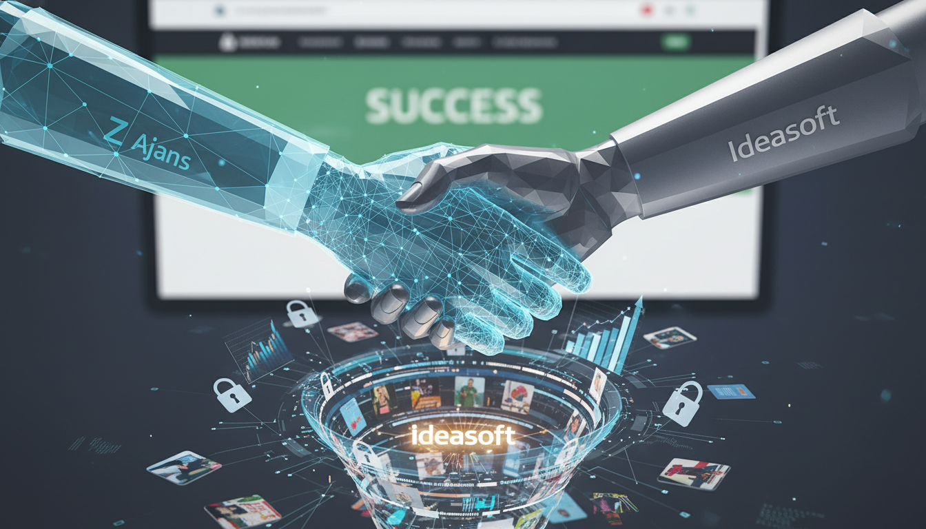 A dynamic, high-angle shot showcasing two distinct, stylized digital hands (one in a vibrant blue, the other in a professional grey, subtly hinting at a collaborative 'Z Ajans' and 'Ideasoft' partnership) clasped in a confident handshake over a swirling vortex of e-commerce success. This vortex is composed of interconnected elements like secure transaction symbols, flowing data streams, diverse product images, and upward-trending financial graphs, all emanating from a central, brightly glowing 'Ideasoft' logo. In the background, a thriving online store interface with a 'success' banner is visible. The scene is illuminated by soft, inviting light, suggesting ease, partnership, and guaranteed prosperity, rendered in a blend of digital realism and futuristic infographic style.